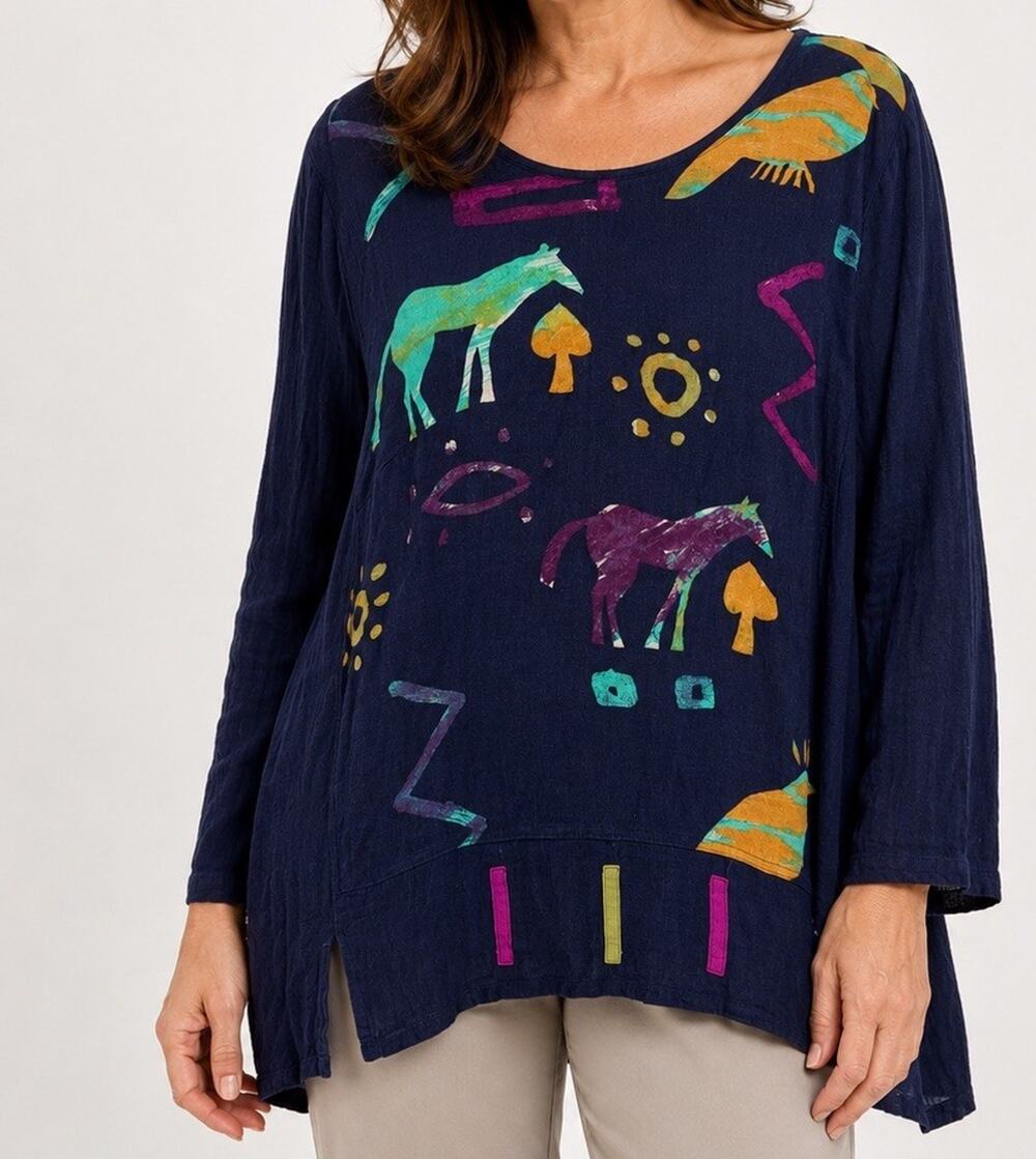 Nino Wong California Painted Top 1X Abstract Horses Birds Boxy Fit Art To Wear
